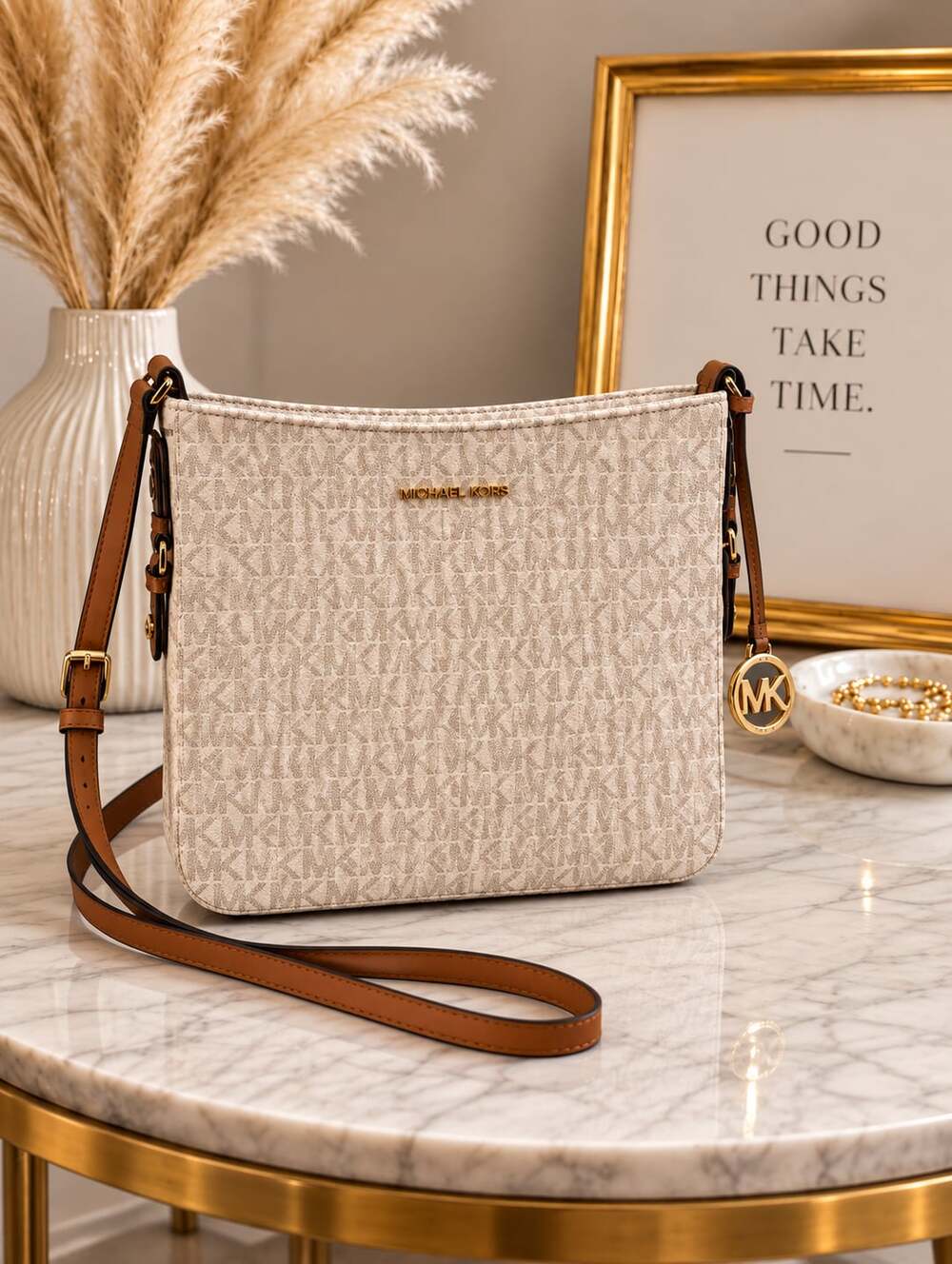 Michael Kors Jet Set Signature Logo Crossbody Bag Vanilla Brown Gold